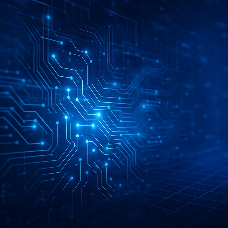 A digital illustration of a blue circuit board with glowing lines and nodes, representing electronic connections and technology